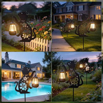 2 Pack Black Cat Solar Lights Set Metal Decorative Solar Cat Hanging Lights Outdoor Set Unisex Pet Gift Waterproof Garden Decor,Outdoor Ornament Perfect for Women' Birthdays, Mother's Day