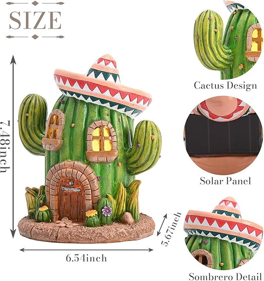 TERESA'S COLLECTIONS Garden Decor, Cactus Fairy House Cinco de Mayo Decor, Waterproof Resin Garden Statue, Cinco de Mayo Gift, Garden Gift, Indoor/Outdoor, 7.5"