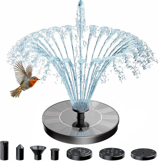 AMZtime Solar Fountain for Bird Bath, 2026 Upgrade Solar Water Fountain with 6 Nozzles & 4 Fixed Rods, Solar Bird Bath Fountains for Garden, Outdoor, Pool, Pond, Fish Tank and Patio