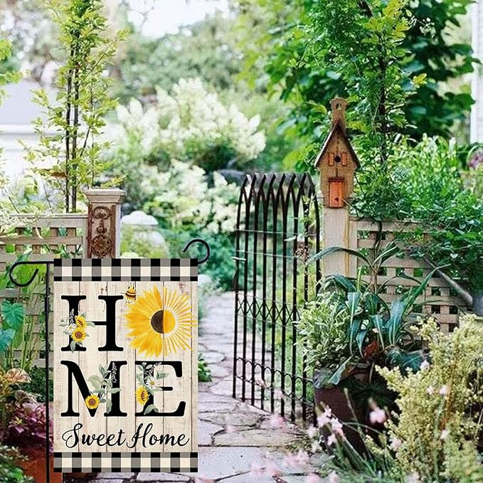 ORTIGIA Summer Sunflower Garden Flag Double Sided 12.5x18 Inch, Home Sweet Home Spring Floral Flower Buffalo Plaid Check Small Yard Flag Burlap Vertical Outside Outdoor Lawn Patio Decor