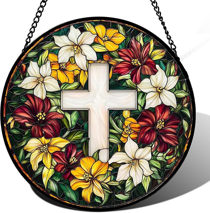 DASTOLL Stained Glass Window Hanging, Cross Flowers Sun Catchers Colorful Glass Panel Christianity Suncatcher Decor for Birthday for Women, Men, Wife, Aunt, and Mom 14.9x14.9 in