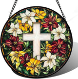 DASTOLL Stained Glass Window Hanging, Cross Flowers Sun Catchers Colorful Glass Panel Christianity Suncatcher Decor for Birthday for Women, Men, Wife, Aunt, and Mom 14.9x14.9 in