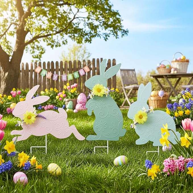 3PCS Spring Rabbit Metal Yard Decorations Stakes, Grandmas Garden Easter Holiday Yard Decoration Outdoor Stakes, Memorial Personalized Unique Garden Gifts Women for Grandma Statue