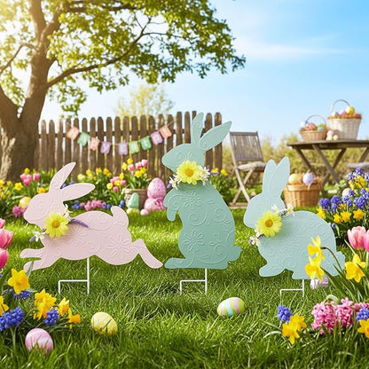 3PCS Spring Rabbit Metal Yard Decorations Stakes, Grandmas Garden Easter Holiday Yard Decoration Outdoor Stakes, Memorial Personalized Unique Garden Gifts Women for Grandma Statue