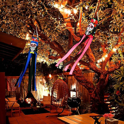 NOVWANG 2 Pcs Day of The Dead Windsocks, Dia de Los Muertos Wind Socks Day of The Dead Hanging Windsock Flag Decoration for Garden Yard Porch Backyard Patio Decor
