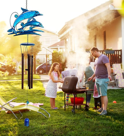 CoTa Global Jumping Dolphins Wind Chime - Handcrafted Glass and Metal Chime - Hanging Dolphins Decoration for Indoor and Outdoor Spaces, Hanging Ocean Animal Windchime Decor Gift - 35 Inches