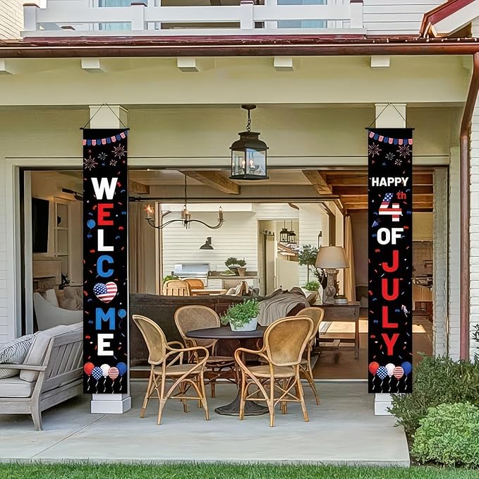 BlissYard 4th of July Themed Decorations 2Pcs Patriotic Decor Door Banner USA Banners Hanging Porch Signs for Independence Memorial Veterans Labor Day for Front Yard Indoor Outdoor Supplies
