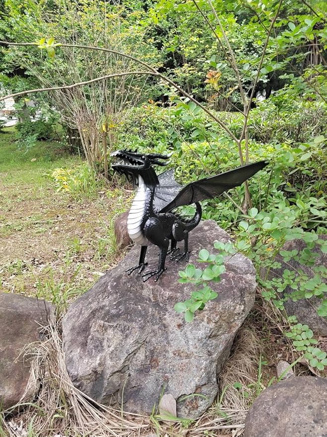 Decorative Black Echo Dragon Garden Sculpture, Design Horned Dragon Winged Gargoyle Dragon– Patio Porch Courtyard Decor-Rockery Topper Statue-Gothic Flying Grotesque Dragon