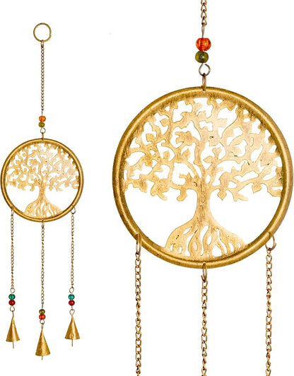Tree of Life Beaded Windchime Wall Hanging Chimes Indian Décor for Home Balcony Garden Decorative Items and Gifting (Antique Golden-Big)