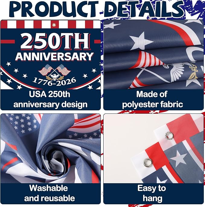 8Pcs 1.5x3 Ft 250th Anniversary USA Flag Bunting 1776-2026 Birthday Fan Flag Decoration Patriotic Stars 250 Years Anniversary Yard Signs for 4th of July Memorial Day Indoor Outdoor Porch Hanging Decor