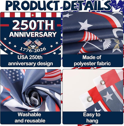 8Pcs 1.5x3 Ft 250th Anniversary USA Flag Bunting 1776-2026 Birthday Fan Flag Decoration Patriotic Stars 250 Years Anniversary Yard Signs for 4th of July Memorial Day Indoor Outdoor Porch Hanging Decor
