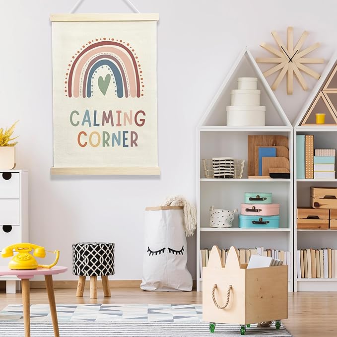 NQDWX Calming Corner Hanging Flag - Rainbow Wall Decor for Kids Classroom Reading Corner, 12x17 Inches Canvas Banner with Wood Frame. (077)