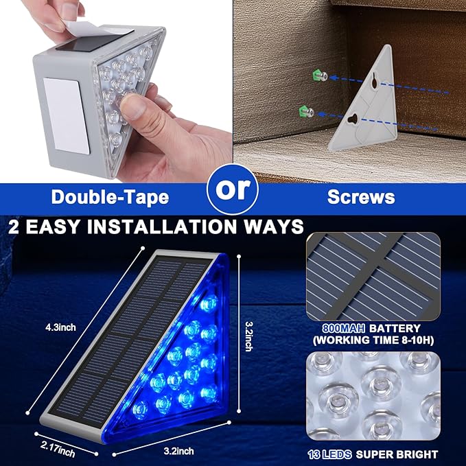AUDLES 2 Pack Solar Stair Lights, Outdoor Step Lights with Waterproof IP67, Blue Color LED Solar Light for Outside Light Decor for Stair, Deck, Front Step, Front Porch, Patio and Backyard
