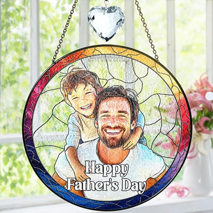 VINATIMES Personalized Dad Stained Glass Suncatcher, Photo Family Stained Glass Window Hanging Decoration, Custom Photo Gift for Dad from Son Daughter, Birthday Gift for Grandpa, Papa, Uncle