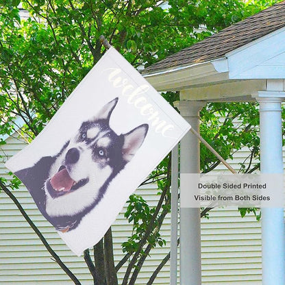 Mugod Siberian Husky House Flag 28x40 Inch Double Sided Burlap, Welcome Dog Large Yard Flag for Outdoor Farmhouse Seasonal Decoration