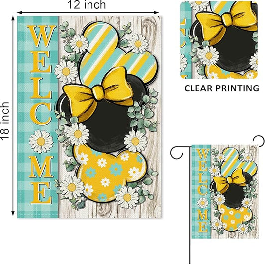 Welcome Spring Decorative Garden Flag, Daisy Flower Yellow Teal Plaid Stripes Yard Outside Decorations, Summer Farmhouse Outdoor Small Home Decor Double Sided 12 x 18
