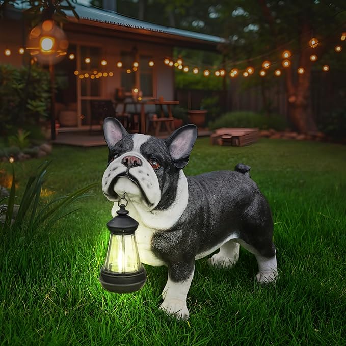 Outdoor French Bulldog Dog Statue with Interchangeable Welcome Sign and Detachable Solar Lantern –LED Light Garden Dog Sculpture Décor, Cute Puppy Design for Yard, Porch, Gift