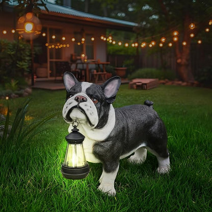 Outdoor French Bulldog Dog Statue with Interchangeable Welcome Sign and Detachable Solar Lantern –LED Light Garden Dog Sculpture Décor, Cute Puppy Design for Yard, Porch, Gift