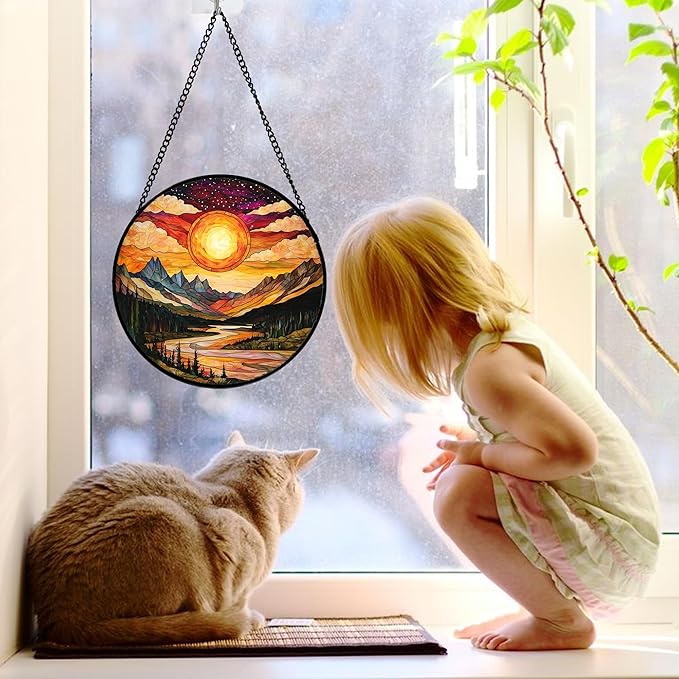 DASTOLL Stained Glass Window Hanging, Dusk Sunset Landscape Sun Catchers Glass Panel Lakes and Mountains Suncatcher Decor for Birthday for Women, Men, Wife, Aunt, and Mom 7.8 in