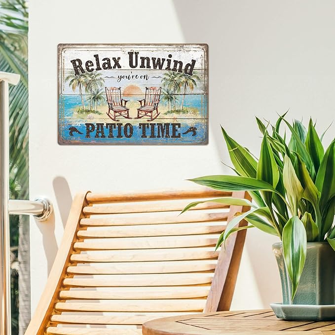 Putuo Decor Funny Patio Metal Tin Sign Backyard Signs Vintage Relax Unwind You'Re On Patio Time Tin Signs Patio Wall Decor For Outdoor Porch Decor 12x8 Inches