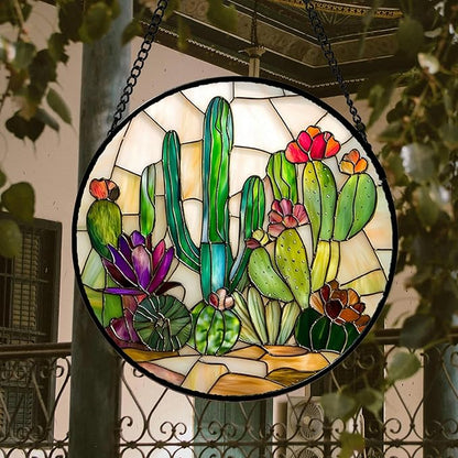 DASTOLL Stained Glass Window Hanging, White Green Cactus Suncatcher Diamond Glass Panel Hangings Sun Catchers Decor for Birthday for Women, Men, Wife, Aunt, and Mom 14.9x14.9 in