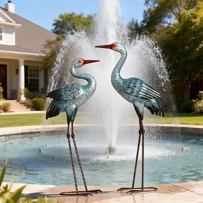 Natelf Metal Cranes Sculptures Outdoor Blue Heron Garden Statue Bird Yard Art Large Decorations for Lawn Patio Backyard Decoration