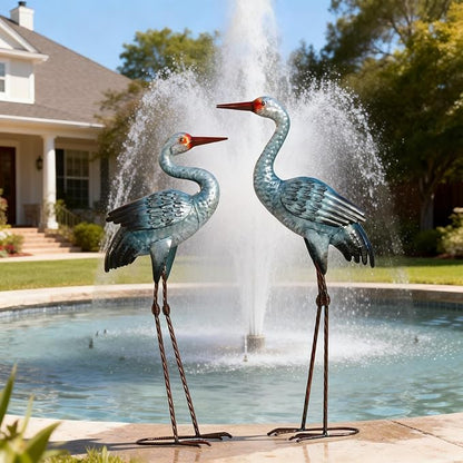 Natelf Metal Cranes Sculptures Outdoor Blue Heron Garden Statue Bird Yard Art Large Decorations for Lawn Patio Backyard Decoration