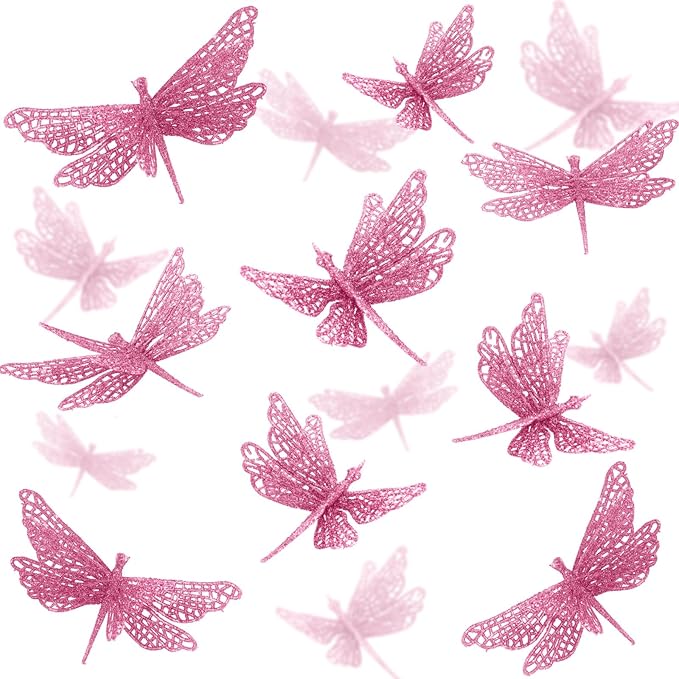 24 Pcs Glitter Dragonfly Decorations, Pink 3D Dragonfly Wall Decor with Clips Stem for Spring Summer Garden Party Wedding, Glitter Dragonflies for Floral Arrangement DIY Craft