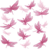 24 Pcs Glitter Dragonfly Decorations, Pink 3D Dragonfly Wall Decor with Clips Stem for Spring Summer Garden Party Wedding, Glitter Dragonflies for Floral Arrangement DIY Craft