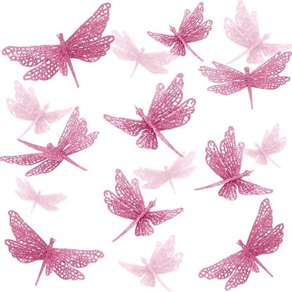 24 Pcs Glitter Dragonfly Decorations, Pink 3D Dragonfly Wall Decor with Clips Stem for Spring Summer Garden Party Wedding, Glitter Dragonflies for Floral Arrangement DIY Craft