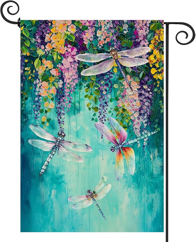 Baccessor Spring Summer Floral Garden Flag Double Sided 12.5 x 18 Inch Burlap with Clip and Stopper,Wisteria Dragonfly Welcome Flag Front Yard Lawn Seasonal Farmhouse Outside Outdoor Decoration