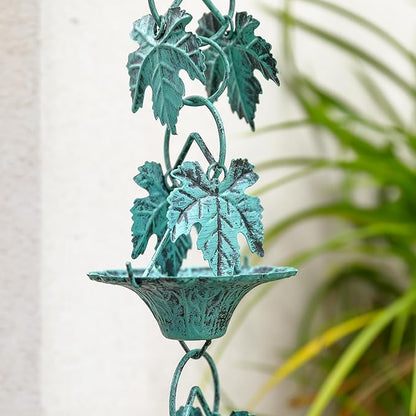 Antique Blue Leaves with Cup Rain Chain for Gutters, Functional and Decorative Replacement Downspout Chain for Outside, Metal Rain Catcher Chain, 8.5FT