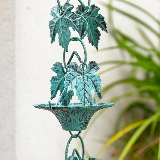 Antique Blue Leaves with Cup Rain Chain for Gutters, Functional and Decorative Replacement Downspout Chain for Outside, Metal Rain Catcher Chain, 8.5FT