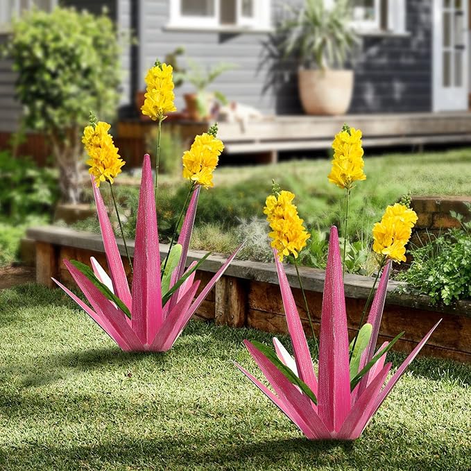 2PCS Large Metal Yard Art, Outdoor Metal Agave Plants, Tequila Rustic Sculpture, Garden Decoration Lavender Yard Art Plant (Rose Red)