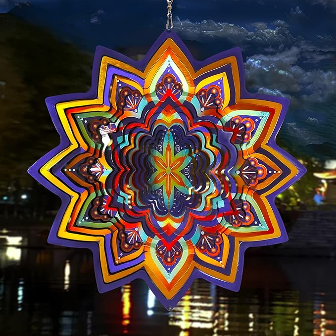 Fonmy Mandala Wind Spinner Lucky Star Worth Gift Indoor Outdoor Garden Decoration Crafts Ornaments 12 inch Multi Color Stainless Steel Wind Spinners