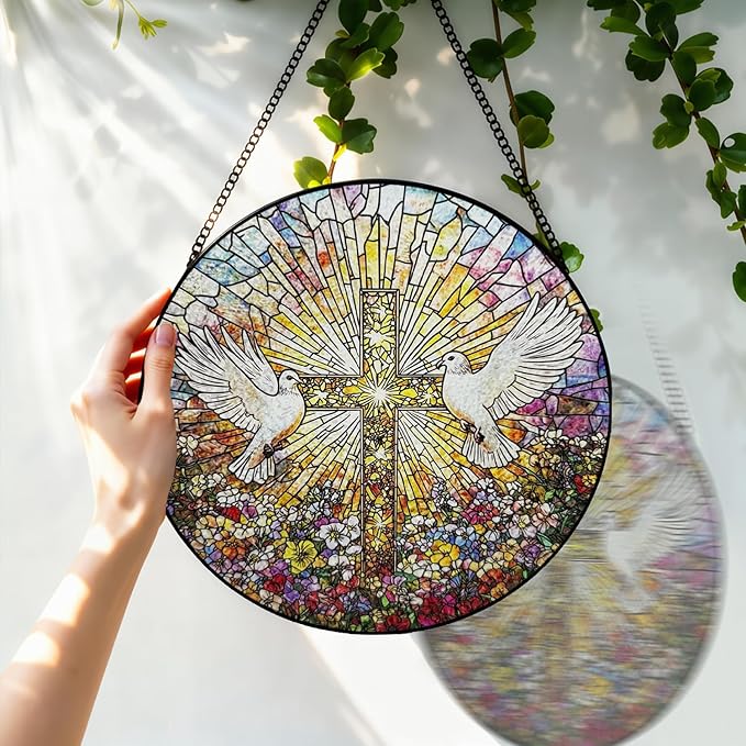 Stained Glass Window Hanging, 8 Inch White Pigeon Cross Suncatcher, Sun Catchers Indoor Window, Flowers Birds Cross Religious Home Garden Decor Glass Panel, Easter Faith Christian Gifts for Women Men