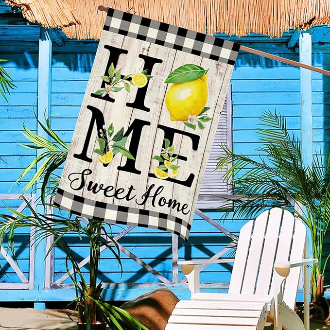 ORTIGIA Summer Lemon House Flag 28 x 40 Inch Double Sided Burlap Home Sweet Home Yellow Fruit Yard Flag Holiday Spring Farmhouse Seasonal Outdoor Outside Decoration (Large)