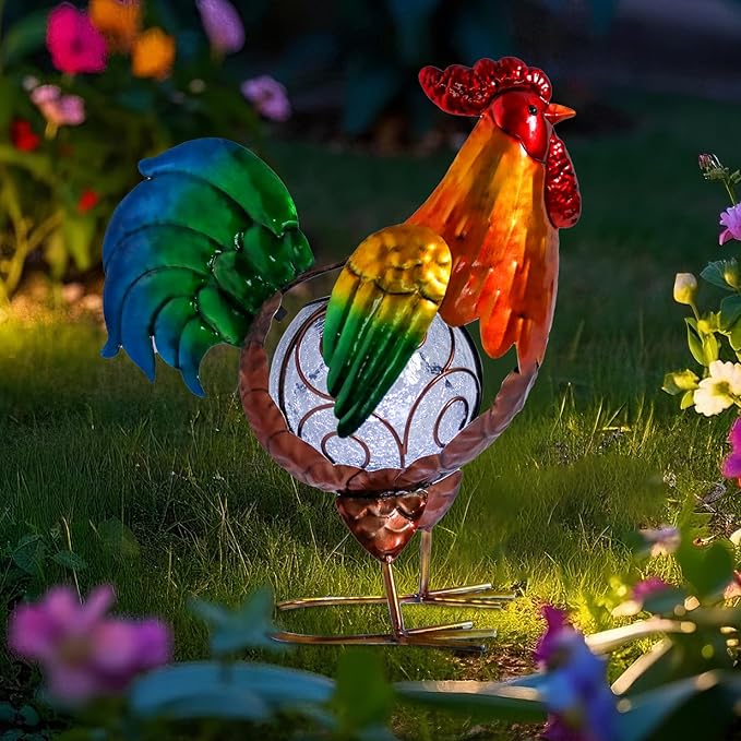 MUMTOP Rooster Solar Lights Outdoor Garden Decor, Rooster Solar Light Outdoor Waterproof with Crackle Glass Globe Gardening Statue Gifts and Metal Chicken Yard Art for Lawn Porch Patio Outside Garden