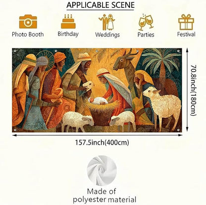 HOMETITUTE 13x6ft Nativity Scene Merry Christmas Garage Door Banner Polyester Large Outdoor Xmas Decoration with Baby Jesus Mary Shepherd Animals for Holiday Party Winter Yard Home Church Display