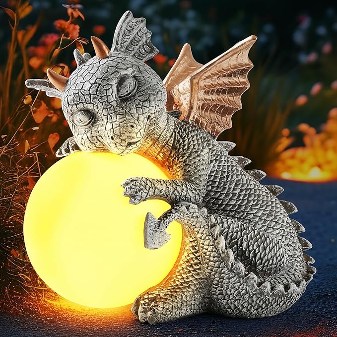 8.6" Solar Dragon Garden Statue,LED Figurine Light,Resin Outdoor Sculpture,Solar Patio Accent Decor,Night Garden Statue,Powered Sculpture Yard Art,Landscape Decor,Path Light Ornament