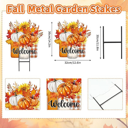 JarThenaAMCS Thanksgiving Pumpkin Metal Garden Stakes Autumn Sunflower Pumpkin Vase Decorative Lawn Sign Fall Welcome Yard Sign for Home Outside Lawn Porch Decor