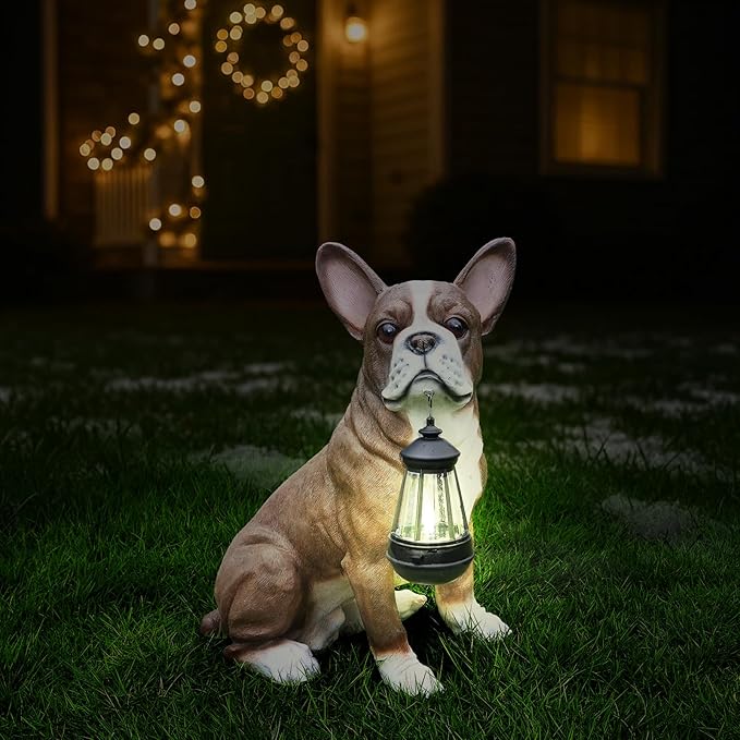Outdoor Boston Terrier Dog Statue with Interchangeable Welcome sign and Detachable Solar Lantern –LED Light Garden Dog Sculpture Décor Garden Statue Outdoor dog statue Cute Puppy Design for Yard Gift