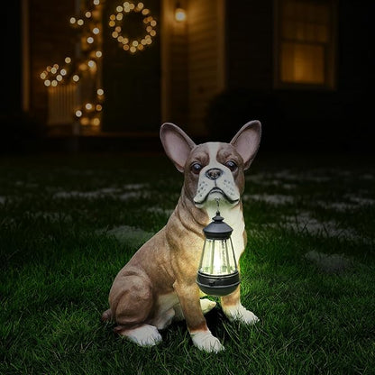 Outdoor Boston Terrier Dog Statue with Interchangeable Welcome sign and Detachable Solar Lantern –LED Light Garden Dog Sculpture Décor Garden Statue Outdoor dog statue Cute Puppy Design for Yard Gift