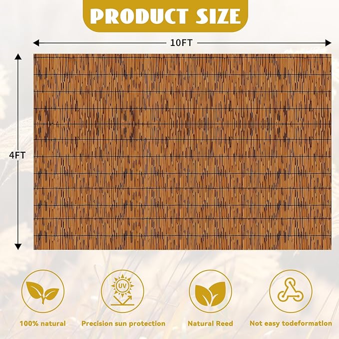 KOIUEYW Bamboo Reed Fencing, Light Russet Bamboo Fence Rolls 4 Feet High, Decorative Reed Screen Privacy Curtains for Patio Balcony Garden Backyard Outdoor, 4 x 10 FT