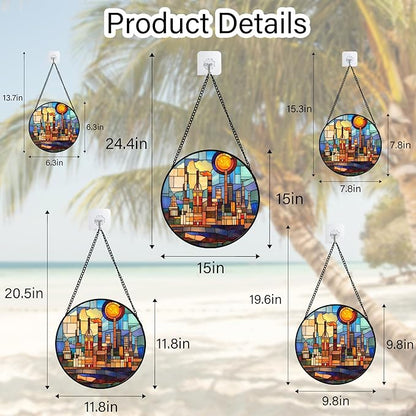 CHATYOUNG Stained Glass Window Hanging Abstract City 7.8" - Colorful Suncatcher Door Garden Home Decor and Christmas Mother's Day Birthday House Warming Gift for Grandma Mom Women Wife Friend