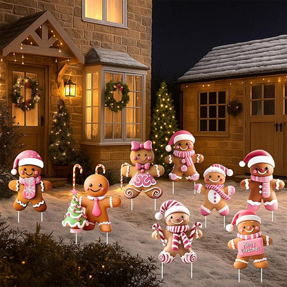8 Pcs Christmas Gingerbread Man Yard Signs with Stakes Outdoor 3D Gingerbread House Decoration Xmas Yard Stakes Lawn Signs for Christmas Holiday Pathway Garden Patio Party Favors (Elegant)