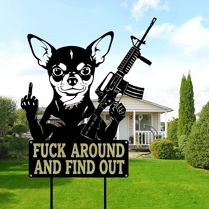 F Around & Find Out Dog Sentry Metal Dogs Silhouette Garden Stake with Middle Finger &Weapon Sign, FAFO Security Sign Middle Finger Dog Statue Decor for Outdoor Yard Patio (Chihuahua, 6 * 12")