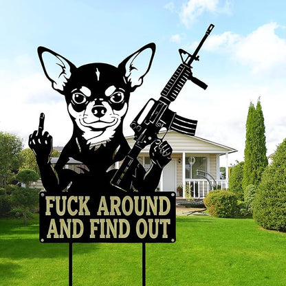 F Around & Find Out Dog Sentry Metal Dogs Silhouette Garden Stake with Middle Finger &Weapon Sign, FAFO Security Sign Middle Finger Dog Statue Decor for Outdoor Yard Patio (Chihuahua, 6 * 12")