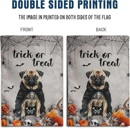 Halloween Pug Garden Flag Trick or Treat Yard Flag Ghost Dog Garden Flags for Outside 12x18 Double Sided Small Dachshund Skeleton Halloween Decor Outdoor Lawn Welcome Flag