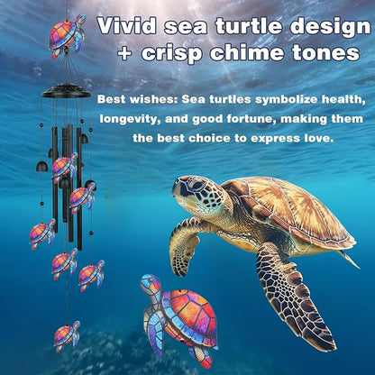 36" Sea Turtle Wind Chimes for Outside that Hum Bright, Cheerful Melodies, Aluminum Windchimes with 4 Tubes & 6 Bells, Sea Turtle Gifts for Women Mom Grandma, Patio Garden Memorial Decor